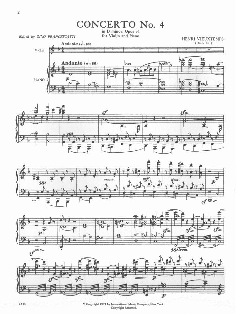 Vieuxtemps, Henri Violin Concerto No 4 in D Minor, Op 31 Violin and Piano edited by